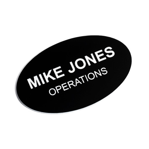 Custom Engraved Name Tag Badges  Personalized Identification with Pin or Magnetic Backing, 2.8 Inch Oval, Black/White