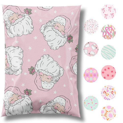 Pretty Package Store 6x9 Designer Christmas Holiday Poly Mailers 100 Pack Heavy Duty Waterproof Self Seal Shipping Bags Large Mailing Envelopes Bulk Tear Resistant Cute Packaging Pink Santa