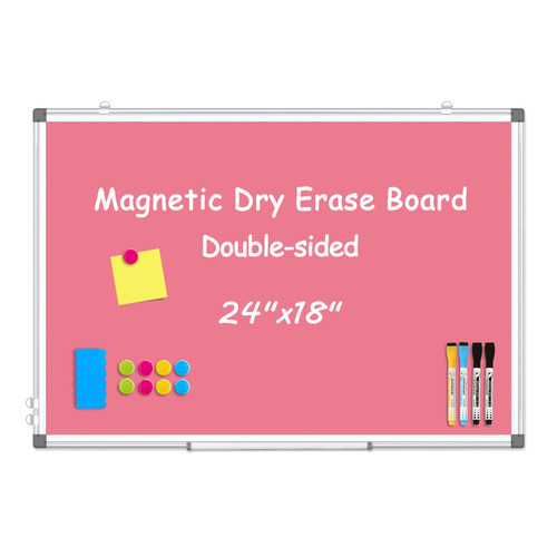WALGLASS Magnetic Whiteboard 24"x18" Dry Erase White Board for Walls with Pen Tray, Aluminium Frame and Dry-Wipe Writing Surface for Kids' Drawing, Home, and Office (Pink)
