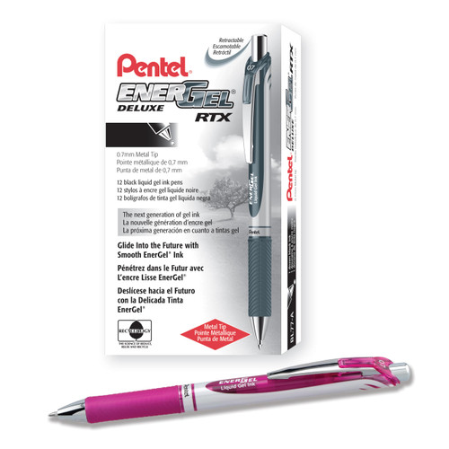 Pentel EnerGel RTX Retractable Liquid Gel Ink Pen, (0.7mm) Medium line, Magenta Ink, Box of 12 Pens (BL77-V4)