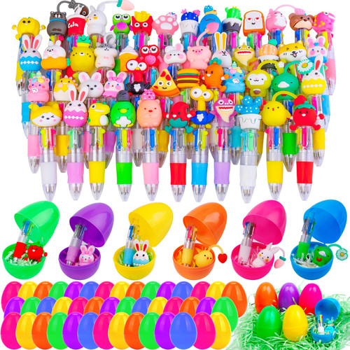 50Pcs Easter Mini Multicolor Pens in One 4-in-1 Cute Pens Bulk with 50 Eggshells for Kids, Fun Gifts Assorted Ink Kawaii Ballpoint Pen for Birthdays and Children's Parties