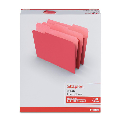 Staples 1/3-Cut Tab, Assorted Position File Folders, Letter Size, 100 Folders Per Pack, Red