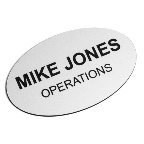 Custom Engraved Name Tag Badges  Personalized Identification with Pin or Magnetic Backing, 2.8 Inch Oval, Silver/Black