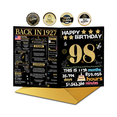 Joycard 98th Birthday Card with Envelope, 98th Birthday Decorations for Women Men, 98th Birthday Gifts for Grandpa Grandma, Happy Birthday Cards for 98 Year Old Mother Dad, Back in 1927