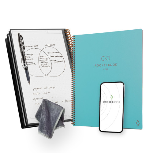 Rocketbook New Core Reusable Spiral Notebook, Letter Size 8.5x11, Teal - Dotted Pages, App-Connected, Erasable, Durable Cover, Ideal for School, Work, and Creative Projects