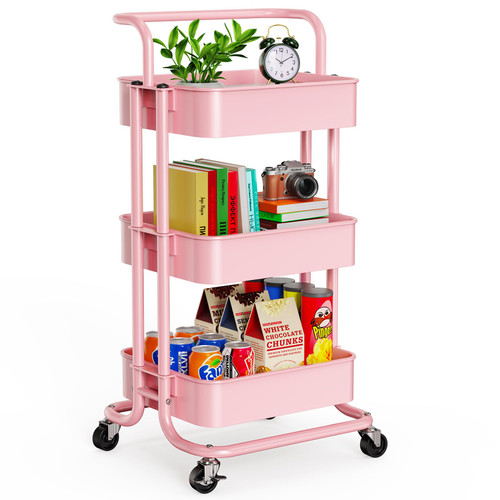 Pipishell 3 Tier Mesh Utility Cart, Rolling Metal Organization Cart with Handle and Lockable Wheels, Multifunctional Storage Shelves for Kitchen Living Room Office Pink