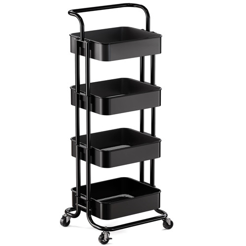 Pipishell 4 Tier Mesh Utility Cart, Rolling Metal Organization Cart with Handle and Lockable Wheels, Multifunctional Storage Shelves for Kitchen Living Room Office Black, PIUC12B