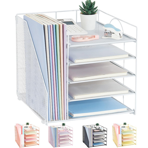 LEKETREE Desk Organizers and Accessories, 5-Tier Paper Letter Tray Organizer with File Holder, Desktop Organizer for Office Supplies, Office Desk Accessories & Workspace (White)