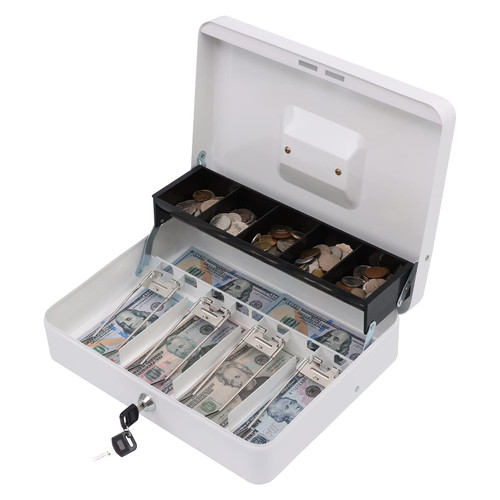 xydled Metal Cash Box, Cash Box with Money Tray and Key Lock, Storage Box, White,4 Bill / 5 Coin Slots,11.8" x 9.5" x 3.5",White