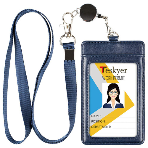 Teskyer Leather Badge Holder with Lanyard and Badge Reel, Retractable Lanyard ID Card Holder for Office School Name Work IDs, Blue