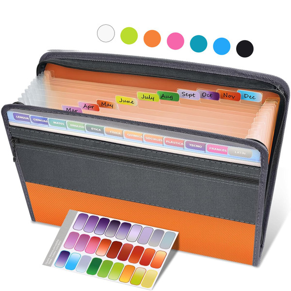 Sooez Accordion File Organizer with Safe Zipper, 12 Pocket Expanding File Folder with Front Pencil Pouch, Portable Monthly Paper Bill Tax Receipt Organizer, School Office Supplies, Letter Size, Orange