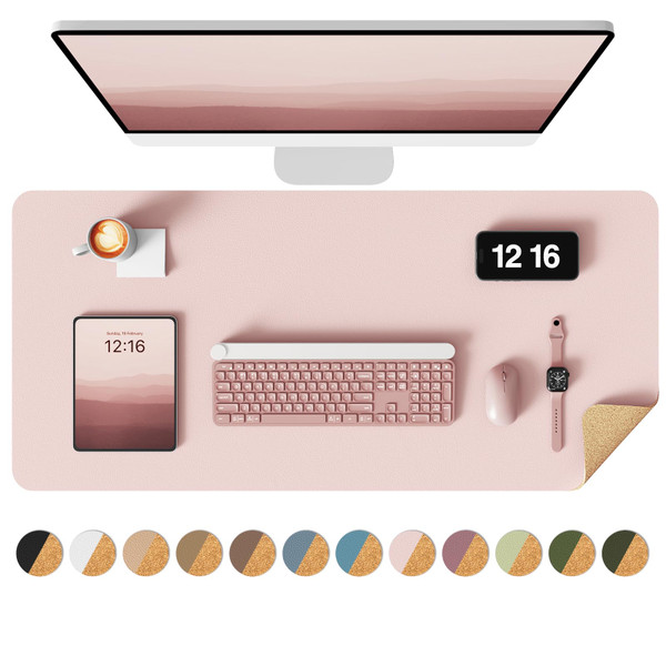 YSAGi Double-Sided Desk Pad, Leather Desk Mat, Eco Cork Desk Pad Protector, Large Mouse Pad for Desk, Waterproof Desk Blotter Pad, Desk Writing Pad for Office Work/Home(23.6"x13.7",Pink+Cork)