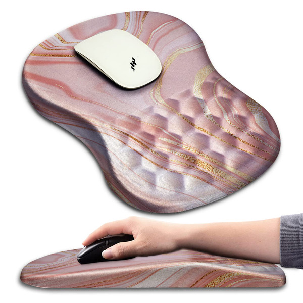 Hokafenle Ergonomic Mouse Pad Wrist Support with Massage Design, Wrist Rest Pain Relief Mousepad with Memory Foam&Non-Slip PU Base, Mouse Pads for Wireless Mouse & Desk (12x8 inch,Pink Gold Marble)