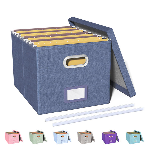 Oterri File Organizer Box,Filing Box with Lid,File Box for Letter/Legal File Folder Storage, Portable Hanging File Box for Office/Decor/Home,1 Pack,Blue-Box only