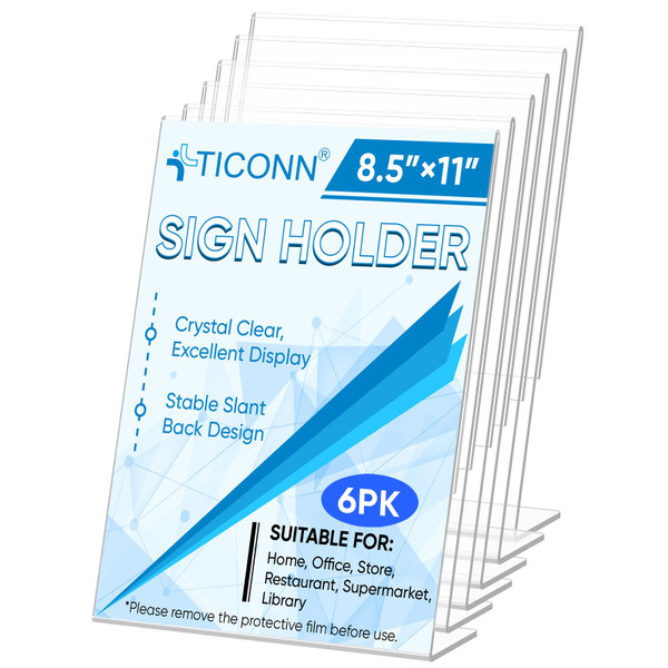 TICONN 8.5 x 11 Acrylic Sign Holder, L Shape Clear Stand for Displaying, Plastic Paper Holder for Office, Store, Restaurant (Vertical 6 Pack) TICONN 8.5 x 11 Acrylic Sign Holder, L Shape Clear Stand for Displaying, Plastic Paper Holder for Office, Store, Restaurant (Vertical 6 Pack)