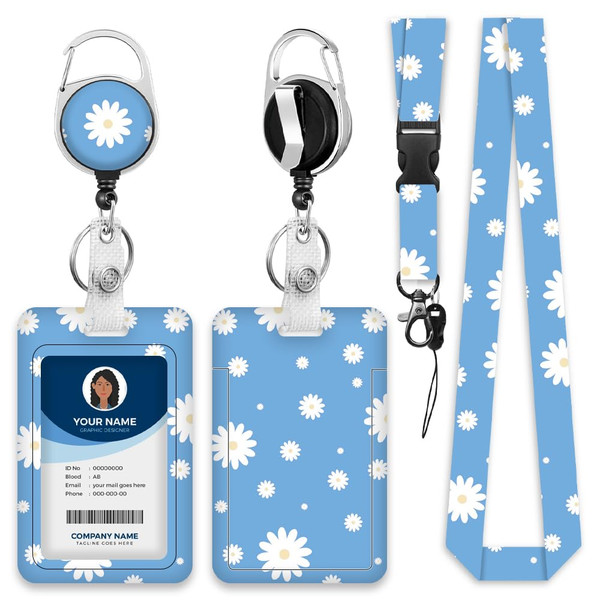 Lanyards for ID Badge Holder for Women Cute, Teacher Lanyard with ID Holder Clip,Retractable Keychain Badge Reel Heavy Duty, Teacher Nurse Work Office Gifts (#43Blue Daisy)