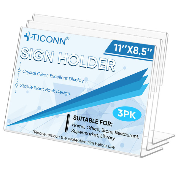 TICONN 11 x 8.5 Acrylic Sign Holder, L Shape Clear Sign Holder Stand for Displaying, Plastic Paper Holder for Office, Store, Restaurant (Horizontal 3 Pack) TICONN 11 x 8.5 Acrylic Sign Holder, L Shape Clear Sign Holder Stand for Displaying, Plastic Paper Holder for Office, Store, Restaurant (Horizontal 3 Pack)