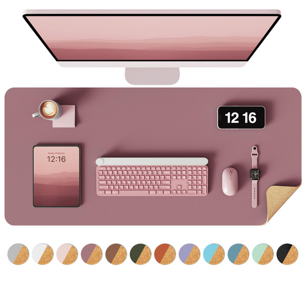 YSAGi Double-Sided Desk Mat, Eco Cork & Leather Desk Protector, Large Mouse Pad & Writing Pad for Office & Home (35.4"x17", Cork + Dark Pink)