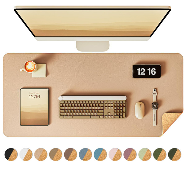 YSAGi Double-Sided Desk Pad, Leather Desk Mat, Eco Cork Desk Pad Protector, Large Mouse Pad for Desk, Waterproof Desk Blotter Pad, Writing Pad for Office/Home(23.6"x13.7",Apricot)