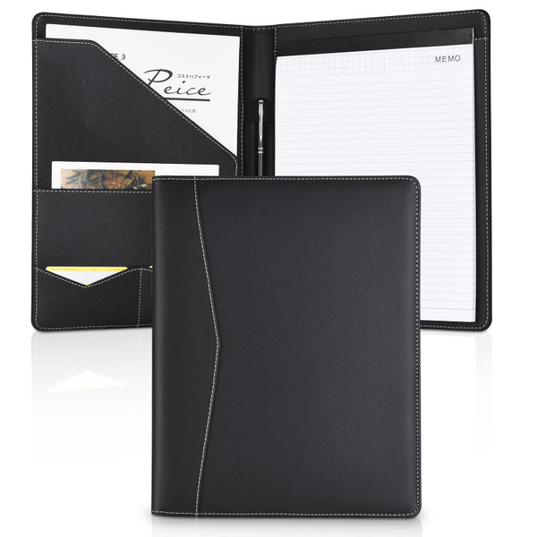 Pacific Mailer Padfolio Portfolio Leather Binder, Interview Legal Document Organizer, Business Card Holder Included Letter Sized Writing Pad [Piano Noir Faux Leather Matte Finish]