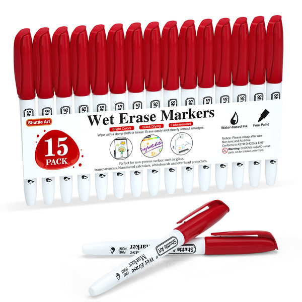 Shuttle Art Wet Erase Markers, 15 Pack Red 1mm Fine Tip Smudge-Free Markers, Use on Laminated Calendars, Overhead Projectors, Schedules, Whiteboards, Transparencies, Glass, Wipe with Water