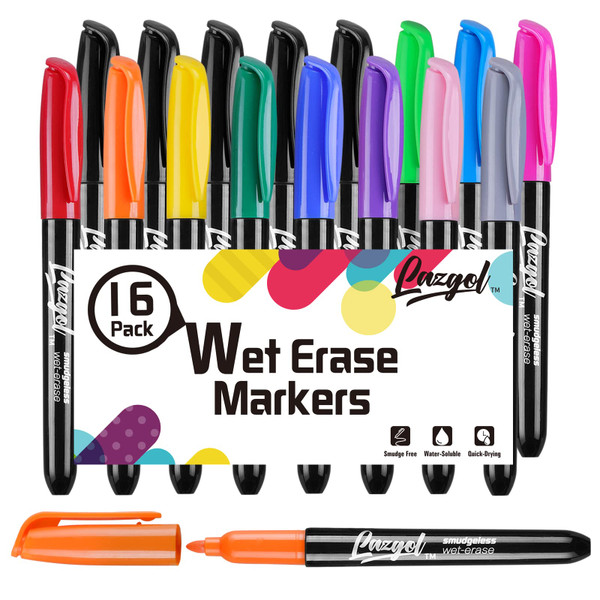 LAZGOL Wet Erase Markers, Bulk Pack of 16 (12 Colors) Fine Tip Overhead Transparency Smudge Free Markers for Dry Erase Whiteboard, Refrigerator Calendars, Glass and Films, Erase with Water
