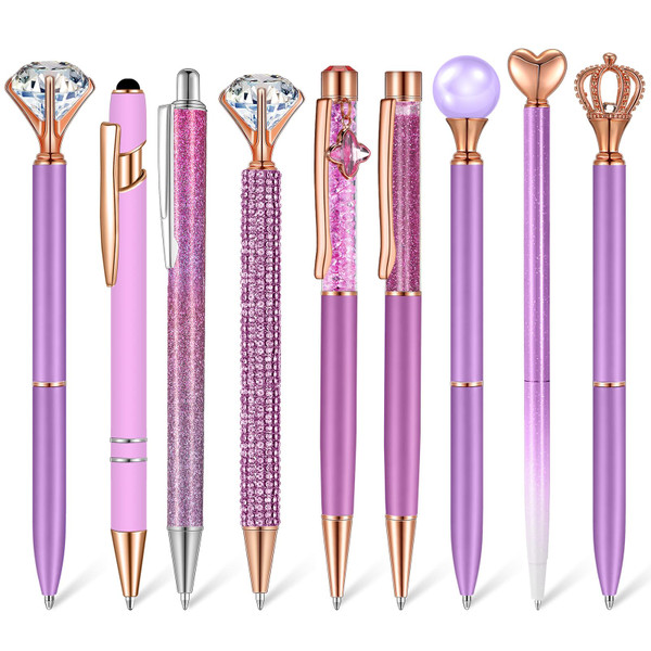 Janmini 9 Pcs Ballpoint Pens Set Metal Crystal Diamond Glitter Pens for Journaling Black Ink Pretty Cute Things Fancy Stationery Gifts for Women Girls Birthday Home Office Desk(Violet)