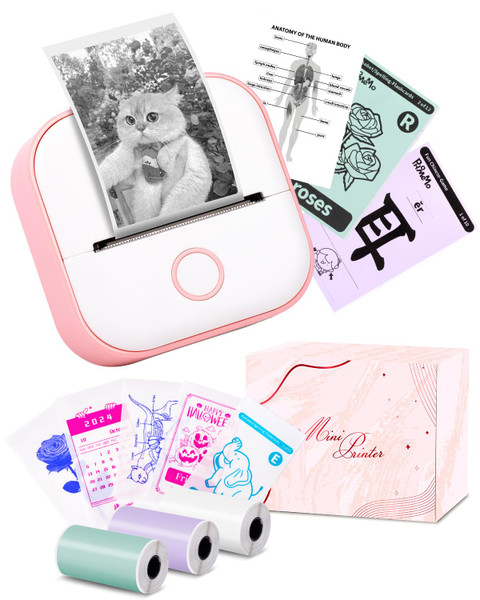 Memoking Mini Sticker Printer - T02 Mini Thermal Printer Wireless Inkless Label Maker Portable Sticker Maker for Student Birthday Gift, Compatible with iOS & Android, Pink