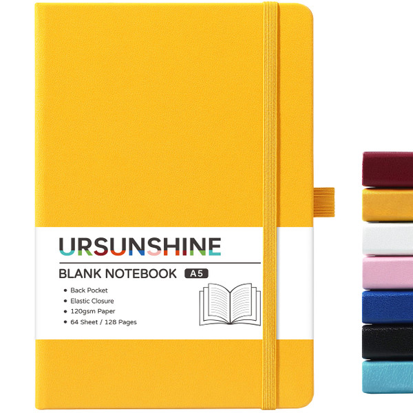 Blank Journal/Notebook - Classic Notebook/Journal with Ribbon Divider, Hardcover with Thick Paper, 5.3'' x 8.26'', Banded + Pen Holder +Inner Pocket - Yellow