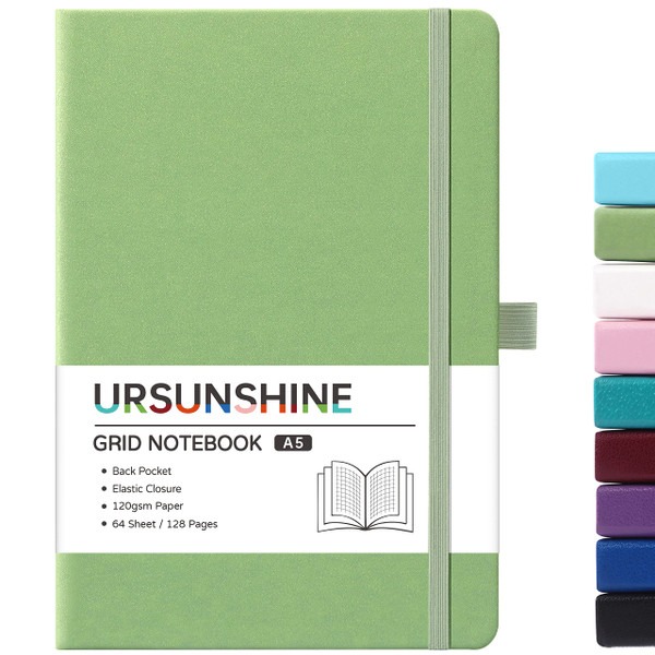 Graph Grid Paper Notebook/Journal - Classic Journal/Notebook with Ribbon Divider, Hardcover with Thick Paper, 5.3" x 8.26", Banded + Pen Holder +Inner Pocket - Light Green
