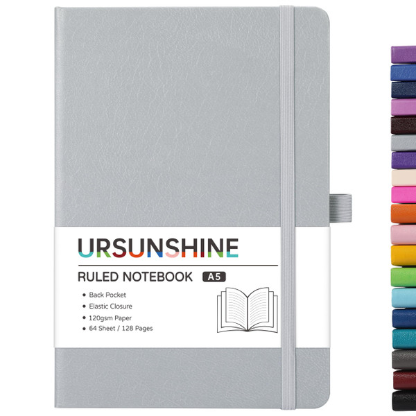 Ruled Notebook/Journal - Classic Lined Journal/Notebook, 5.3'' x 8.26'', Hardcover with Thick Paper, Banded + Pen Holder +Inner Pocket - Light Gray