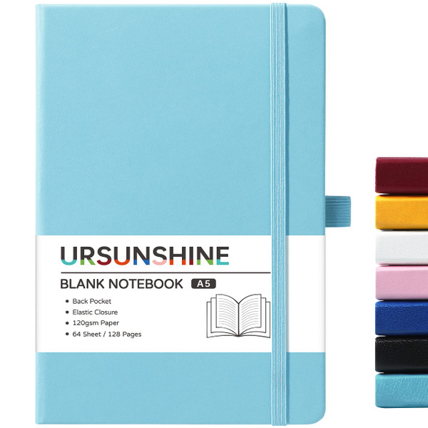 Blank Journal/Notebook - Classic Notebook/Journal with Ribbon Divider, Hardcover with Thick Paper, 5.3'' x 8.26'', Banded + Pen Holder +Inner Pocket - Light Blue
