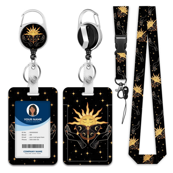 Lanyards for ID Badge Holder for Women Cute, Teacher Lanyard with ID Holder Clip,Retractable Keychain Badge Reel Heavy Duty, Teacher Nurse Work Office Gifts (#48Sun & Butterfly & Hand)
