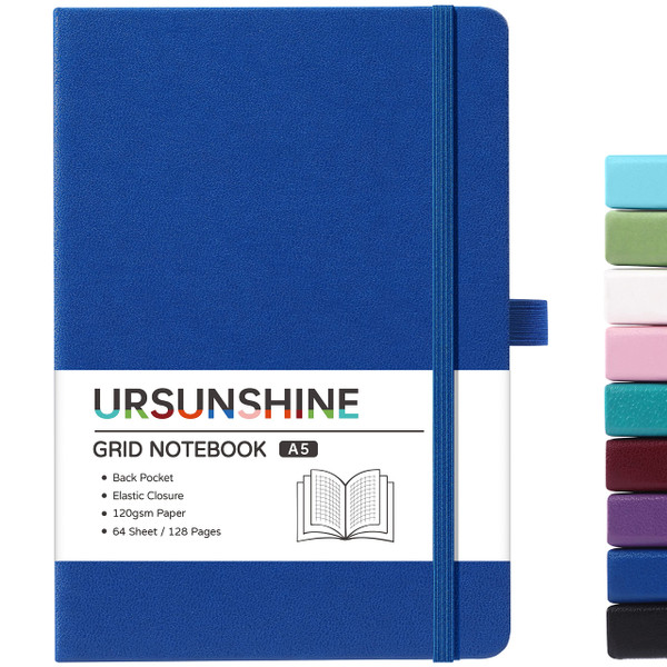 Graph Grid Paper Notebook/Journal - Classic Journal/Notebook with Ribbon Divider, Hardcover with Thick Paper, 5.3" x 8.26", Banded + Pen Holder +Inner Pocket - Deep Blue