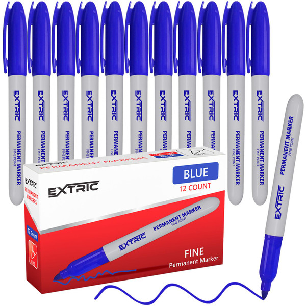 EXTRIC Permanent Markers Blue, 12 Count Fine Point Markers, Quick Drying, Works on wood, Paper, Plastic, Metal and Glass, for Home, Office and School