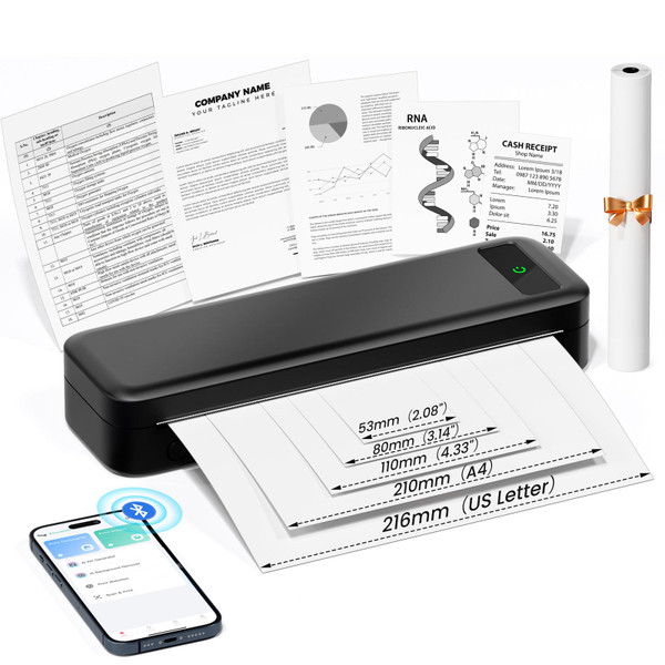 Portable Printers Wireless for Travel, Inkless Thermal Printer, Bluetooth Mobile Compact Printer Support 8.5" X 11" US Letter & A4 Size, Compatible with iPhone Android Laptop for Home Car Office