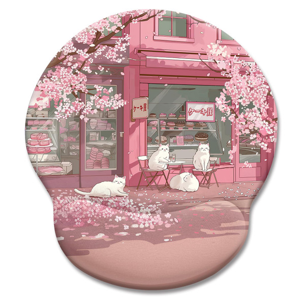 LIMKRIAN Cat Ergonomic Mouse Pad with Wrist Rest, Pink Cherry Blossom Computer Mouse Pad Wrist Support with Non-Slip Pain Relief PU Base, Cute Office Desk Decor Accessories Japanese Dessert House