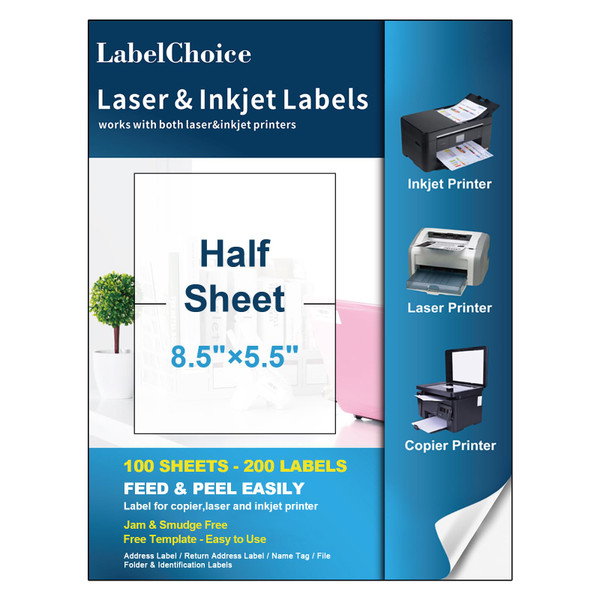 Labelchoice 100 Sheets 200 Labels Half Sheet Self Adhesive Shipping Labels for Laser & Inkjet Printers, 8.5" x 5.5" Shipping Mailing Labels, 2 per Page Shipping Labels, 5 1/2 x 8 1/2 Half Sheet Labels