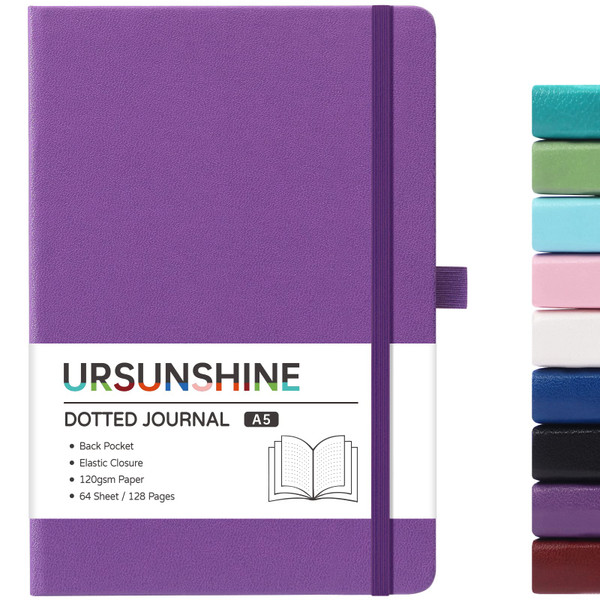 Dotted Journal/Notebook - Dot Grid Hard Cover Notebook, Premium Thick Paper with Fine Inner Pocket, Black Smooth Faux Leather, Pen Loop, 5.3'' x 8.26'' - Purple