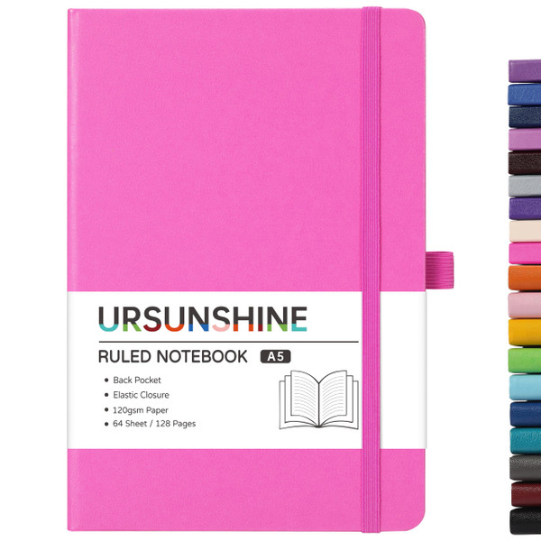 Ruled Notebook/Journal - Classic Lined Journal/Notebook, 5.3'' x 8.26'', Hardcover with Thick Paper, Banded + Pen Holder +Inner Pocket - Raspberry