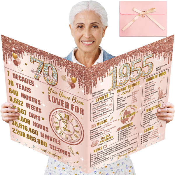 Turypaty Large 70th Birthday Card with Envelope for Women, Pink Rose Gold Back in 1955 Happy 70th Birthday Giant Guest Signature Book Gift, Extra Big 70th Greeting Card Decoration Party Supply