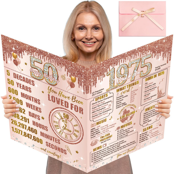 Turypaty Large 50th Birthday Card With Envelope for Women, Pink Rose Gold Back in 1975 Happy 50th Birthday Giant Guest Signature Book Gift, Extra Big Fifty Greeting Card Decoration Party Supply