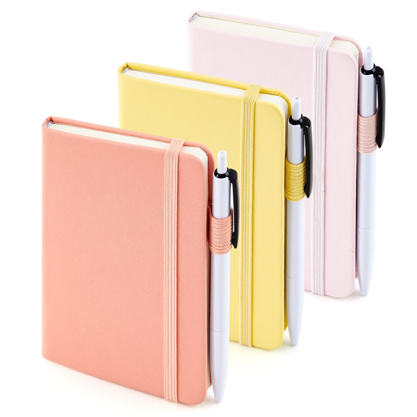 feela 3 Pack Pocket Small Notebook Journals, Mini Cute Hardcover College Ruled Notepad Women Office Supplies, with 3 Black Pens, 3.5x 5.5, A6, Pastel Colors, Light Yellow, Light Pink, Pale Orange