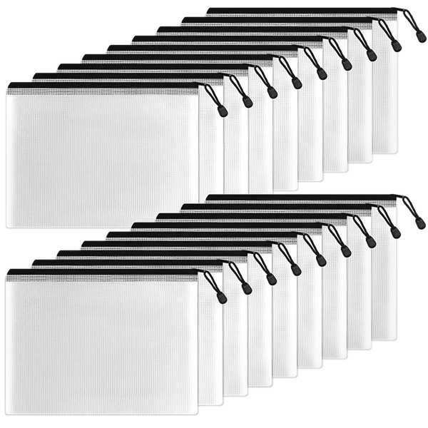 SUNEE Plastic Mesh Zipper Pouch 7x11 in (Black, 18 Packs),Extra Large Water-Resistant Zip Bag for School Office Supplies, Puzzles & Games Organizing Storage