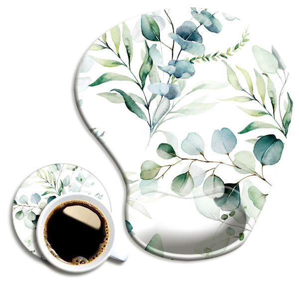 DOOKE Ergonomic Mouse Pad with Wrist Support and Coaster,Mouse Pads with Non-Slip PU Base for Home Office Working Studying Easy Typing & Pain Relief Eucalyptus Leaves