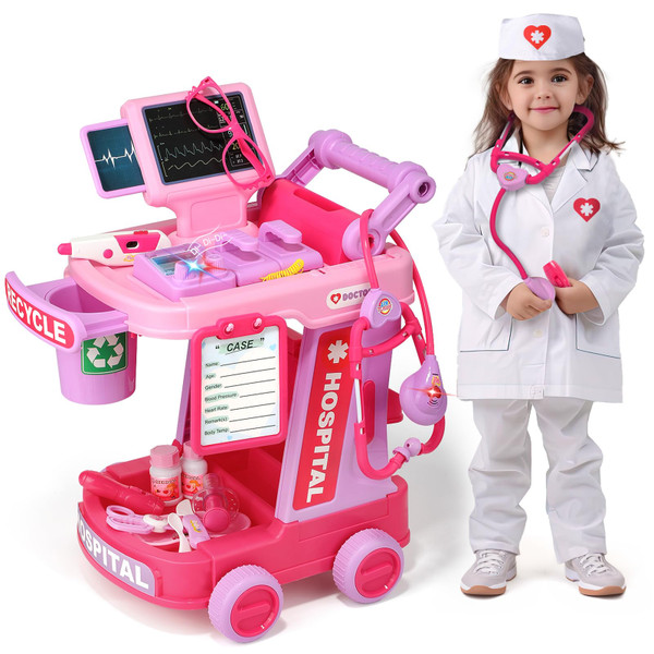 Liberry Doctor Kit for Kids Aged 3 4 5, Pretend Doctor Play Set for Toddlers with Cart, Costume and Stethoscope, Role Play Medical Toy for Girls Boys(Pink)
