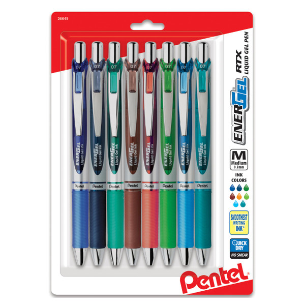 Pentel EnerGel RTX Retractable Liquid Gel Pen, (0.7mm) Metal Tip, Medium Line, assorted 2 Ink, 8-Pk (BL77BP8M2)