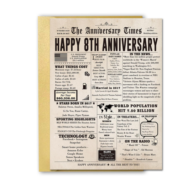 FANCYLUCKY Jumbo 8th Anniversary Card for Women Men, Vintage 8 Year Anniversary Card Gift for Couple Parents, Retro 8 Wedding Anniversary Cards for Wife Husband