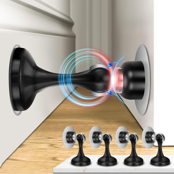 Profasion Magnetic Door Stoppers 4 Pack, Stainless Steel Door Stops for Wall and Floor Mounting, Door Holder Keep Door Open, No Drilling Door Stop with 3D Adhesive Tapes, Black