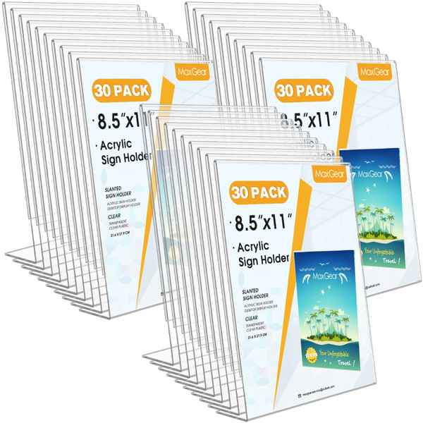 MaxGear Acrylic Sign Holder 8.5 X 11, Plastic Paper Holder With Vertical Slanted Back, Picture Photo Frames Display Stand Flyer and Document Organizer for Office Desktop Use, 30 Pack